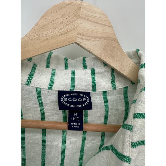 Scoop Button Down Shirt Women Medium Green Striped Linen Rayon Collar Tunic - Picture 7 of 9